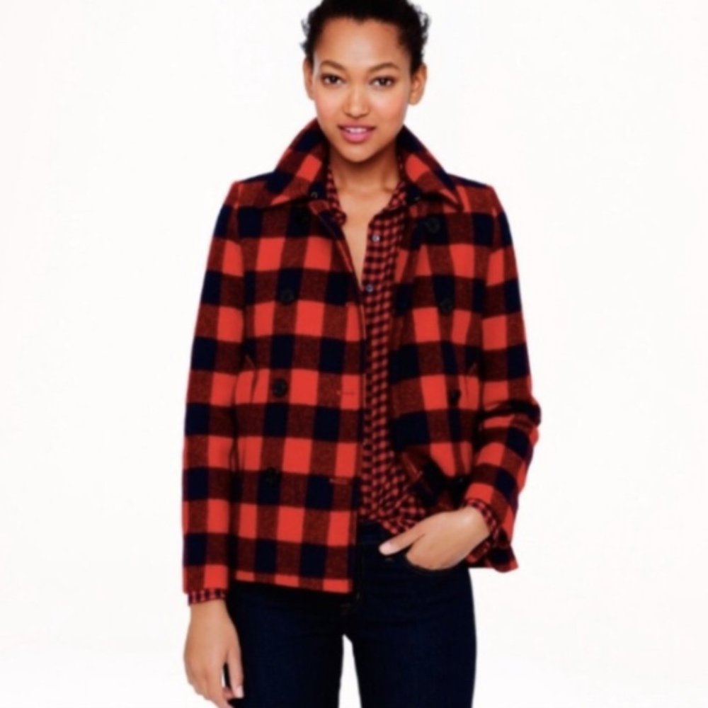 J. Crew Wool Buffalo Check Pea Coat